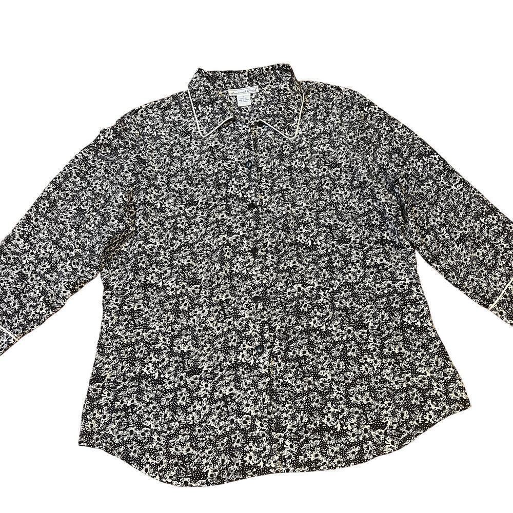 Vintage Anna And Frank Floral Print Blouse Size Large Black White 100% Silk vtg